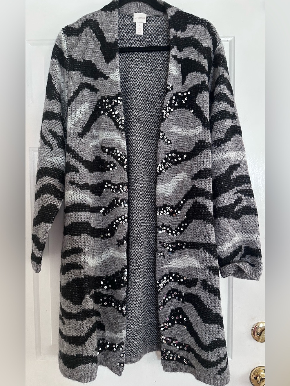 Chico's Black & Gray Sequin Zebra-Pattern Coatigan Sweater Cardigan 3 XL 16